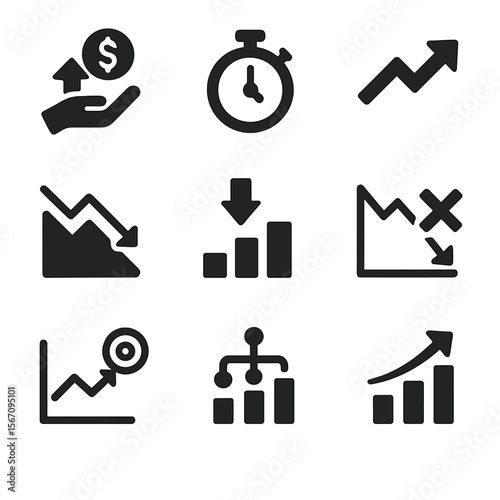 Trading Strategies Icons. Solid, filled icon set of trading strategies: buy and hold, scalping clock, swing arrow, trend following