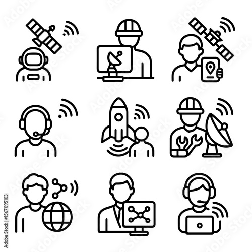 Space Communication Icons. Solid, filled icon set of space communication and navigation: satellite operator, ground station