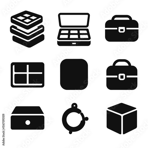Jewelry Storage Icons. Solid, filled icons set of compact jewelry storage solutions: stackable trays, clear
