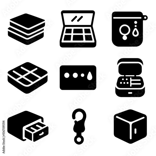 Jewelry Storage Icons. Solid, filled icons set of compact jewelry storage solutions: stackable trays, clear