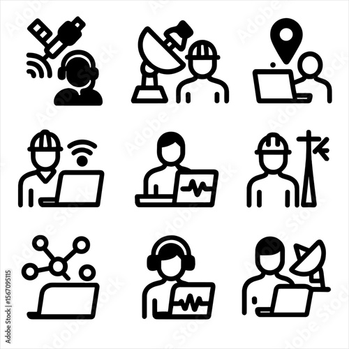 Space Communication Icons. Solid, filled icon set of space communication and navigation: satellite operator, ground station