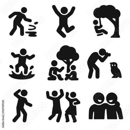 Trail Fun Icons. Solid, filled icon set of spontaneous trail fun: rock skipping, jumping photo, stream splash, tree swing, silly
