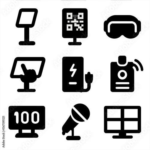 Trade Show Tech Icons. Solid, filled icon set of trade show tech integrations: tablet on stand, QR code board, virtual reality