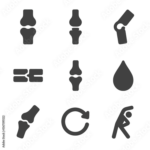 Joint Anatomy Icons. Solid, filled icons set of joints and flexibility: hinge joint, ball-and-socket, pivot