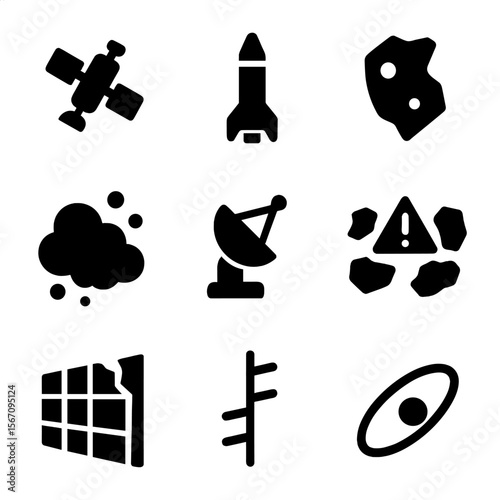 Space Debris Icons. Solid, filled icon set of space debris: defunct satellite, rocket stage, space junk fragment, debris cloud,