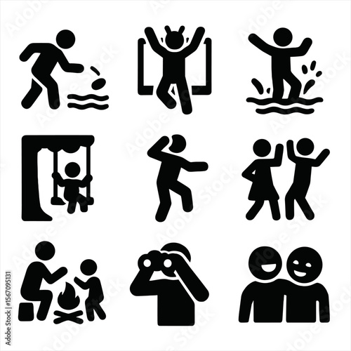 Trail Fun Icons. Solid, filled icon set of spontaneous trail fun: rock skipping, jumping photo, stream splash, tree swing, silly