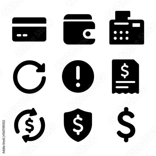 Payment Icon Grid. Solid, filled icon set of payment insights: credit card, digital wallet, cash register, refund icon, failed