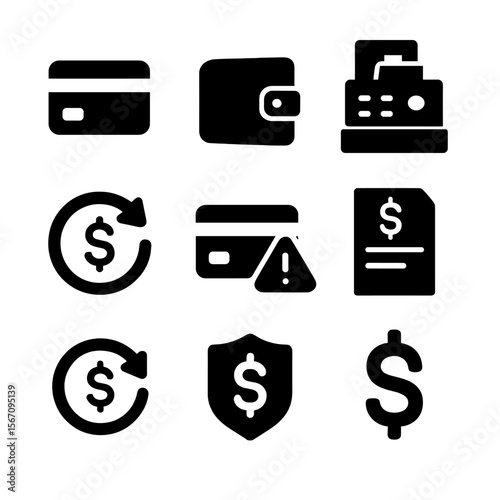 Payment Icon Grid. Solid, filled icon set of payment insights: credit card, digital wallet, cash register, refund icon, failed
