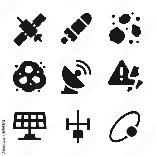 Space Debris Icons. Solid, filled icon set of space debris: defunct satellite, rocket stage, space junk fragment, debris cloud,