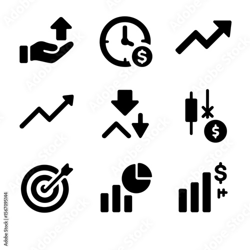 Trading Strategies Icons. Solid, filled icon set of trading strategies: buy and hold, scalping clock, swing arrow, trend following