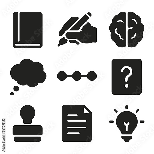 Journaling Icons Set. Solid, filled icons set of journaling and reflection habits: notebook icon, pen in hand,