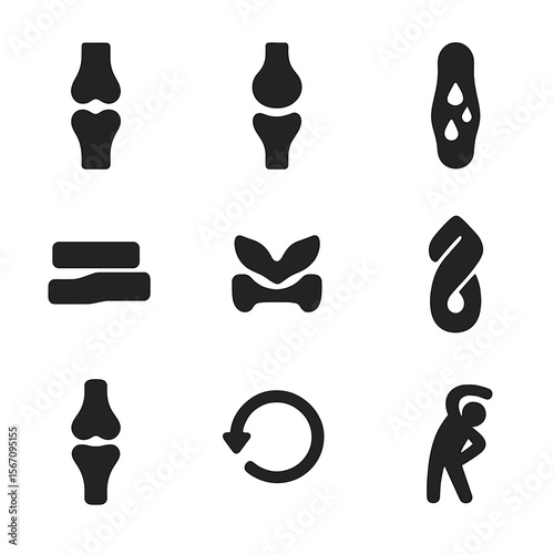 Joint Anatomy Icons. Solid, filled icons set of joints and flexibility: hinge joint, ball-and-socket, pivot
