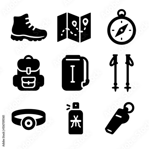 Trail Running Icons. Solid, filled icon set of trail running gear: hiking boots, trail map, compass, backpack, water bladder,