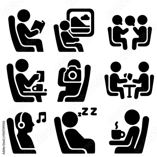 Train Journey Icons. Solid, filled icon set of train journey activities: reading book, window view, chatting group, eating snacks,