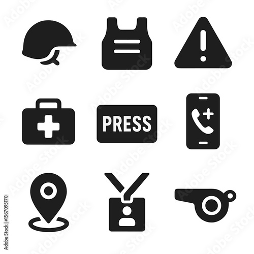 Journalist Safety Icons. Solid, filled icons set of journalist safety and protection: helmet, bulletproof vest