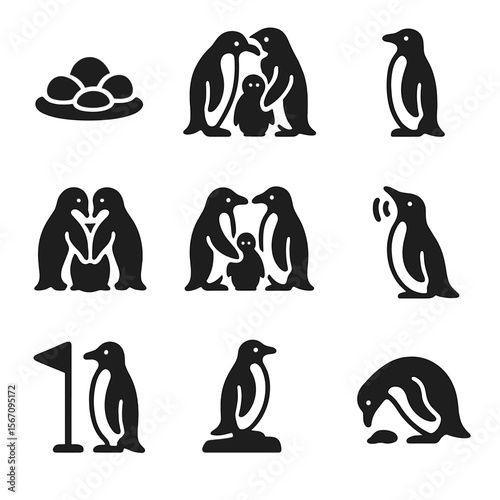 Penguin Life Icons. Solid, filled icon set of penguin colony life: nest with stones, chick feeding, adult guarding, group huddle,