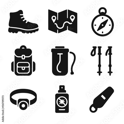 Trail Running Icons. Solid, filled icon set of trail running gear: hiking boots, trail map, compass, backpack, water bladder,
