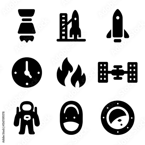Space Launch Icons. Solid, filled icon set of space launch: spacecraft engine, thruster nozzle, launch pad, rocket booster,