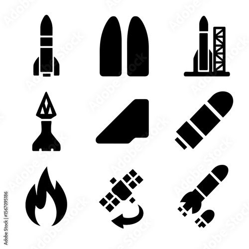 Space Launch Icons. Solid, filled icon set of launch systems for space probes: rocket stage, payload fairing, launch pad, escape