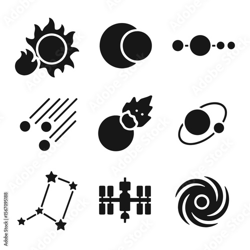 Space Phenomena Icons. Solid, filled icon set of space phenomena: solar flare, eclipse, planet alignment, meteor shower, asteroid