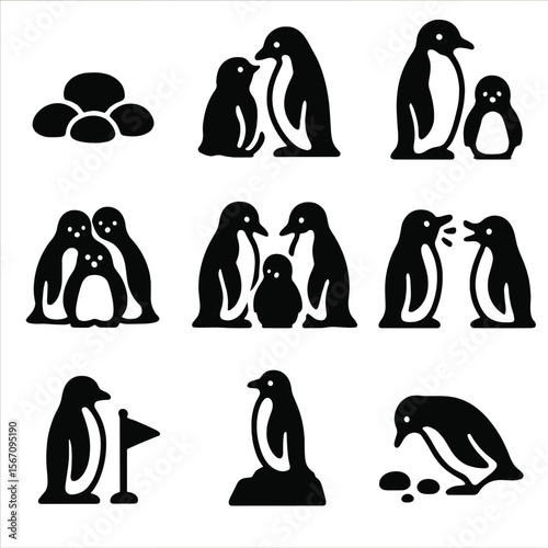 Penguin Life Icons. Solid, filled icon set of penguin colony life: nest with stones, chick feeding, adult guarding, group huddle,