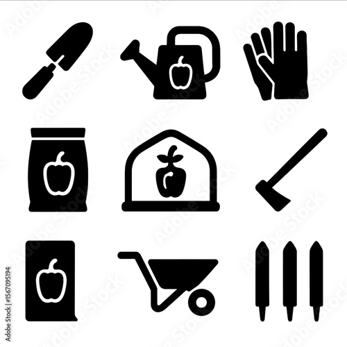 Pepper Farming Tools Icons. Solid, filled icon set of pepper cultivation tools: garden trowel, watering can, gloves, fertilizer