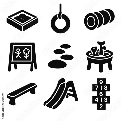Kid-Friendly Backyard Icons. Solid, filled icons set of kid-friendly backyard additions: sandbox, tire swing,