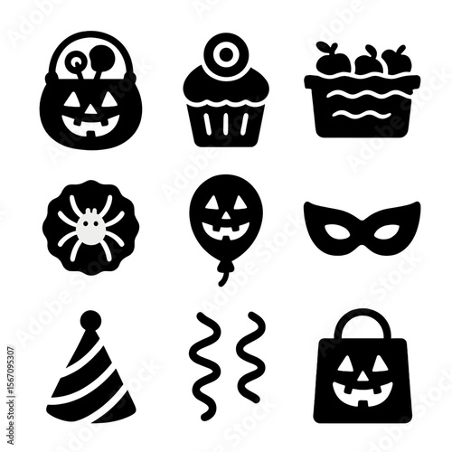 Kids' Halloween Icons. Solid, filled icons set of kids’ Halloween party: candy bucket, cupcake with eyeball,