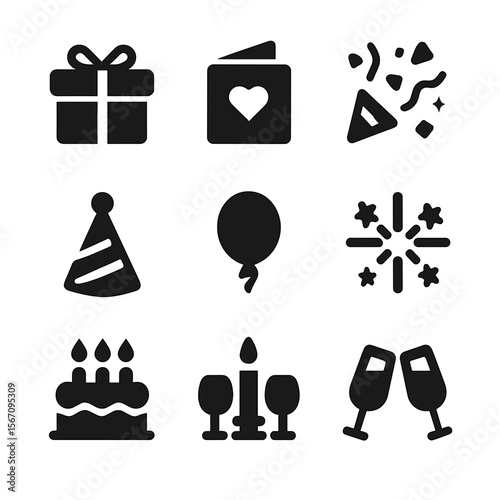 Special Occasion Icons. Solid, filled icon set of special occasion dining: gift box, invitation card, confetti, party hat, balloon