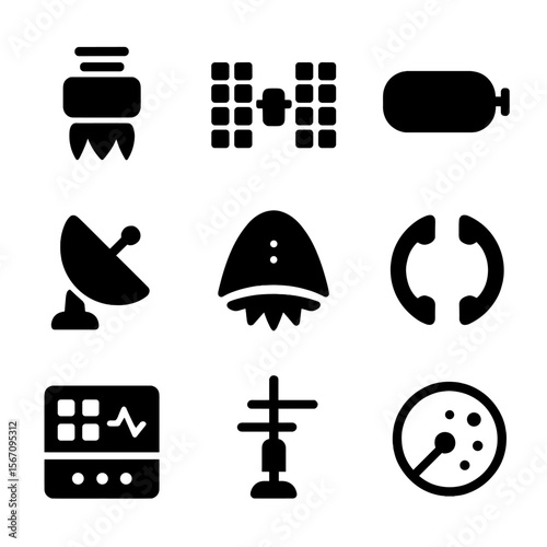 Spacecraft Technology Icons. Solid, filled icon set of spacecraft technology: thruster, solar panel array, fuel tank, antenna dish