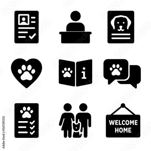 Pet Adoption Icons. Solid, filled icon set of pet adoption counseling and education: adoption form, counselor figure, pet profile,