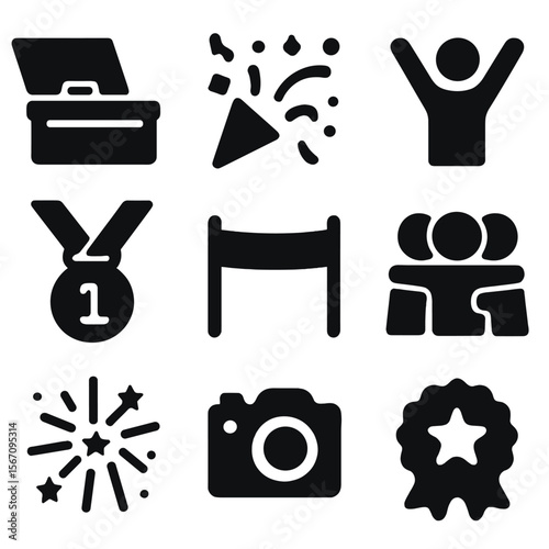 Treasure Hunt Icons. Solid, filled icon set of treasure hunt celebration moments: prize box, confetti, cheering figure, first
