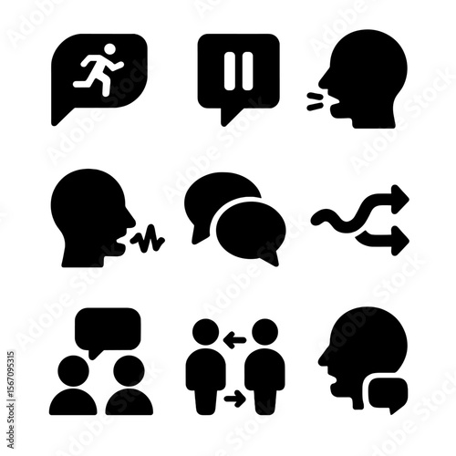 Speech Dynamics Icons. Solid, filled icon set of speech dynamics: pacing, pauses, stress, intonation, feedback, dialogue, flow,
