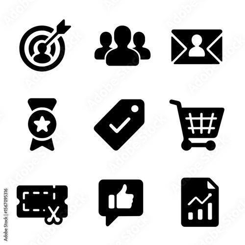 Personalized Marketing Icons. Solid, filled icon set of personalized marketing: targeted ads, user segmentation, email campaign,