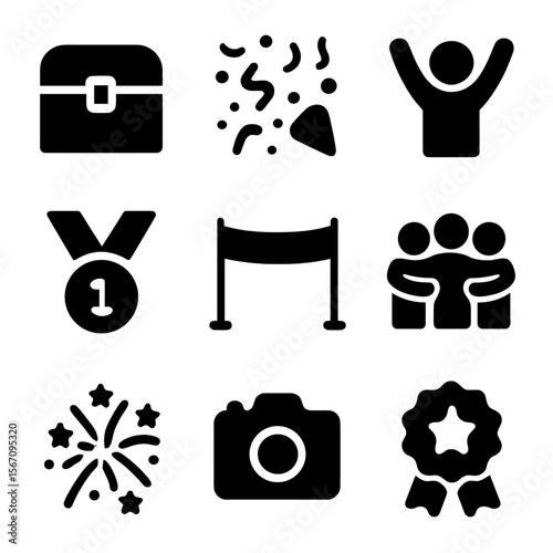 Treasure Hunt Icons. Solid, filled icon set of treasure hunt celebration moments: prize box, confetti, cheering figure, first