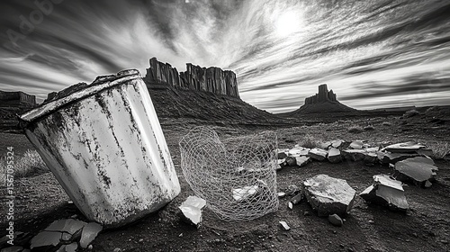 Abandoned Trash Container Against Dramatic Desert Landscape