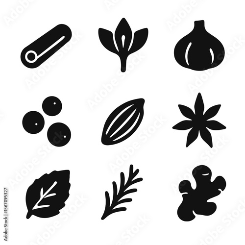 Spice Icon Grid. Solid, filled icon set of spices and flavorings: cinnamon stick, saffron flower, garlic bulb, peppercorn, cumin