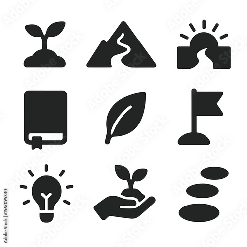 Personal Growth Icons. Solid, filled icon set of personal growth: seed sprouting, mountain trail, sunrise over path, goal flag,