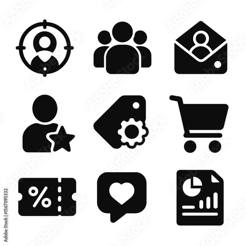 Personalized Marketing Icons. Solid, filled icon set of personalized marketing: targeted ads, user segmentation, email campaign,