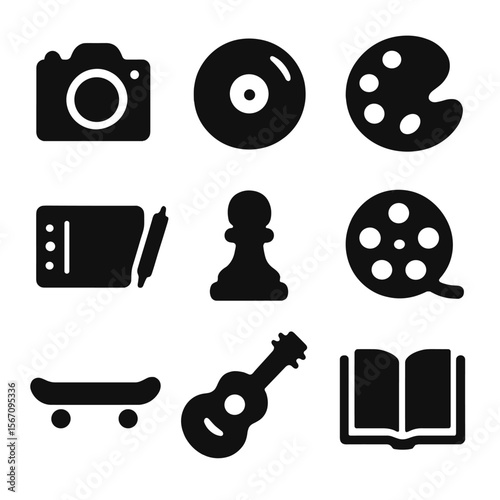 Trendy Hobbies Icons. Solid, filled icon set of trendy hobbies: photography camera, vinyl record, paint palette, digital drawing