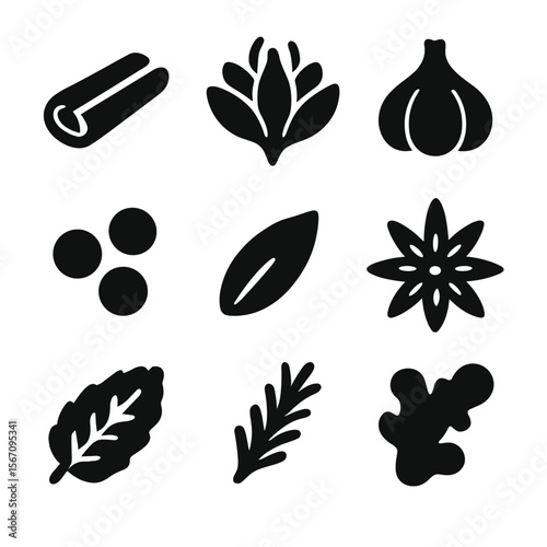 Spice Icon Grid. Solid, filled icon set of spices and flavorings: cinnamon stick, saffron flower, garlic bulb, peppercorn, cumin