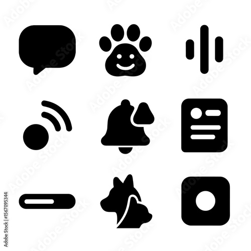Pet Communication Icons. Solid, filled icon set of pet communication features: message bubble, emoji paw, sound wave, ping icon,