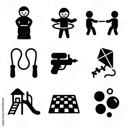 Kids' Outdoor Games Icons. Solid, filled icons set of kids’ outdoor games: sack race, hula hoop, tug of war