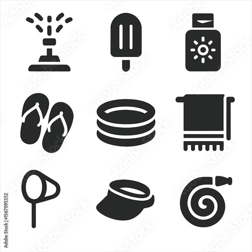 Kids' Summer Icons. Solid, filled icons set of kids' summer activities: sprinkler, popsicle, sunblock,