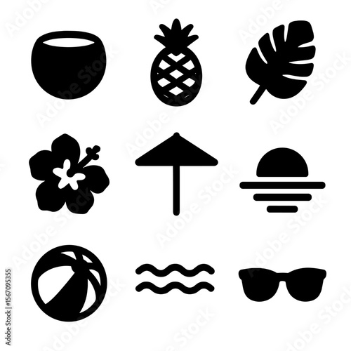 Tropical Icon Set. Solid, filled icon set of tropical mocktail elements: coconut, pineapple, palm leaf, hibiscus flower, straw