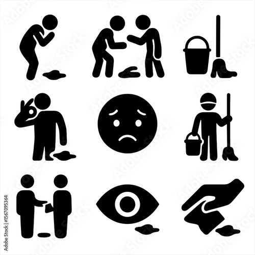 Spill Reaction Icons. Solid, filled icon set of reactions to spills in public: apologizing person, bystander help, mop bucket,