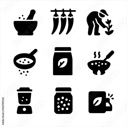 Spice Processing Icons. Solid, filled icon set of spice processing: grinding, drying, harvesting, sifting, packaging, roasting,