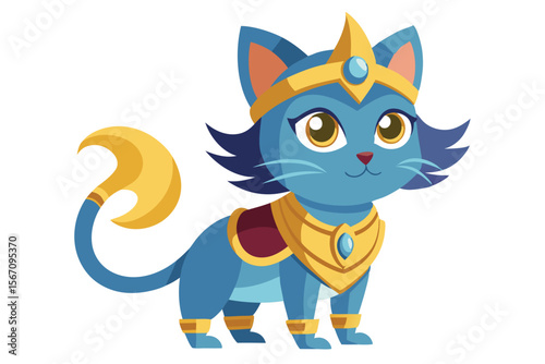 Cartoon Ancient Egyptian Cat God Illustration with Jewelry and Blue Fur Standing on a White Background