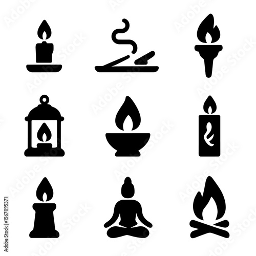 Spiritual Flame Icons. Solid, filled icon set of spiritual and ritual flames: candlelight, incense flame, ritual torch, lantern,