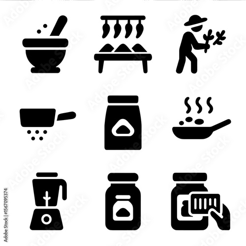 Spice Processing Icons. Solid, filled icon set of spice processing: grinding, drying, harvesting, sifting, packaging, roasting,